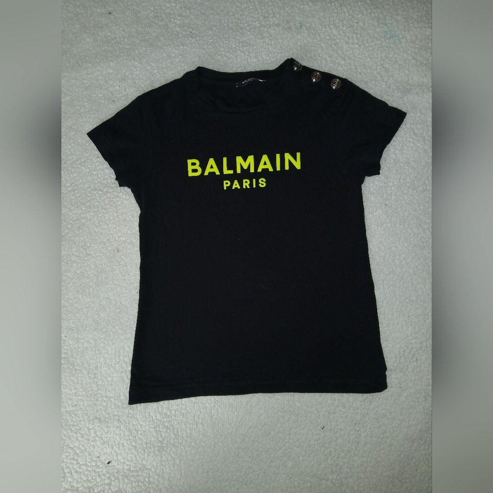 Kids Balmain Paris Black Tee with Neon Yellow Logo